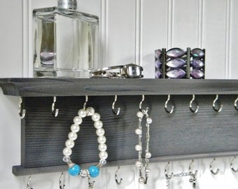 24" Necklace Bracelet Holder Jewelry Organizer - Modern Rustic Design - Wall Mounted Necklace Hanger Gray Finish - Handmade - Cedar Wood