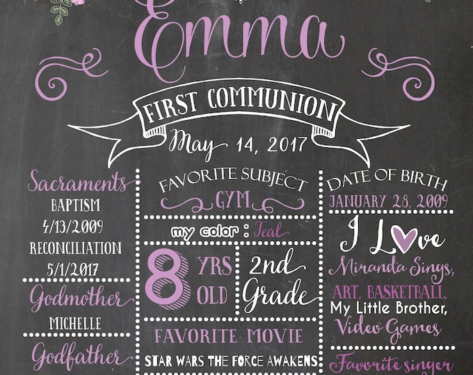 Chalkboard poster. First Communion Poster. Baptism poster. First Communion Chalkboard Poster. First Holy Communion. Baptism Chalkboard.