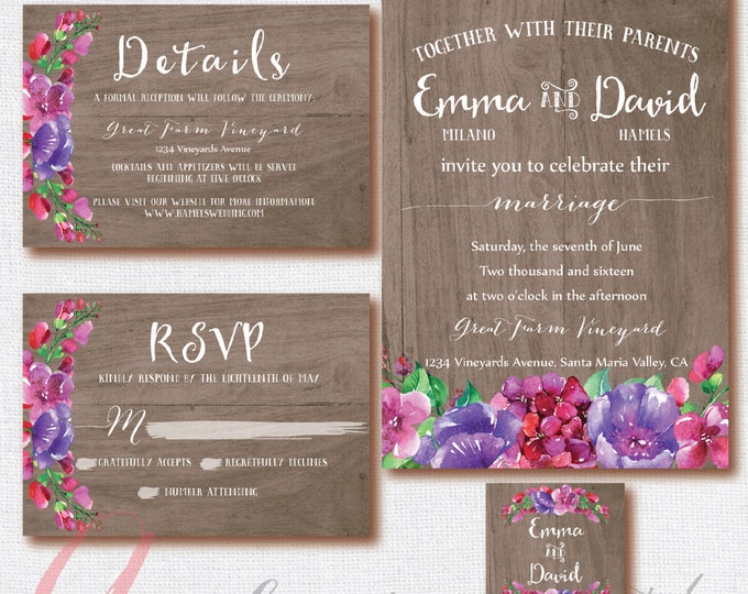 Wood Wedding Invitation, Wedding RSVP card, Wedding Rustic, Wood invitation. Weeding DIY, rustic,floral. Wood Printable wedding invitation.
