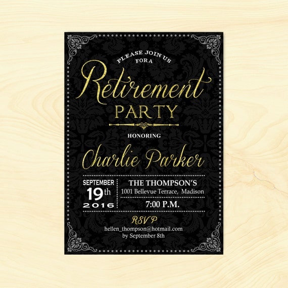 Retirement Party Invitation / Black Gold / Glitter Gold