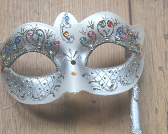 Stunning Silver Crystal Masquerade Mask on a Silver Stick
