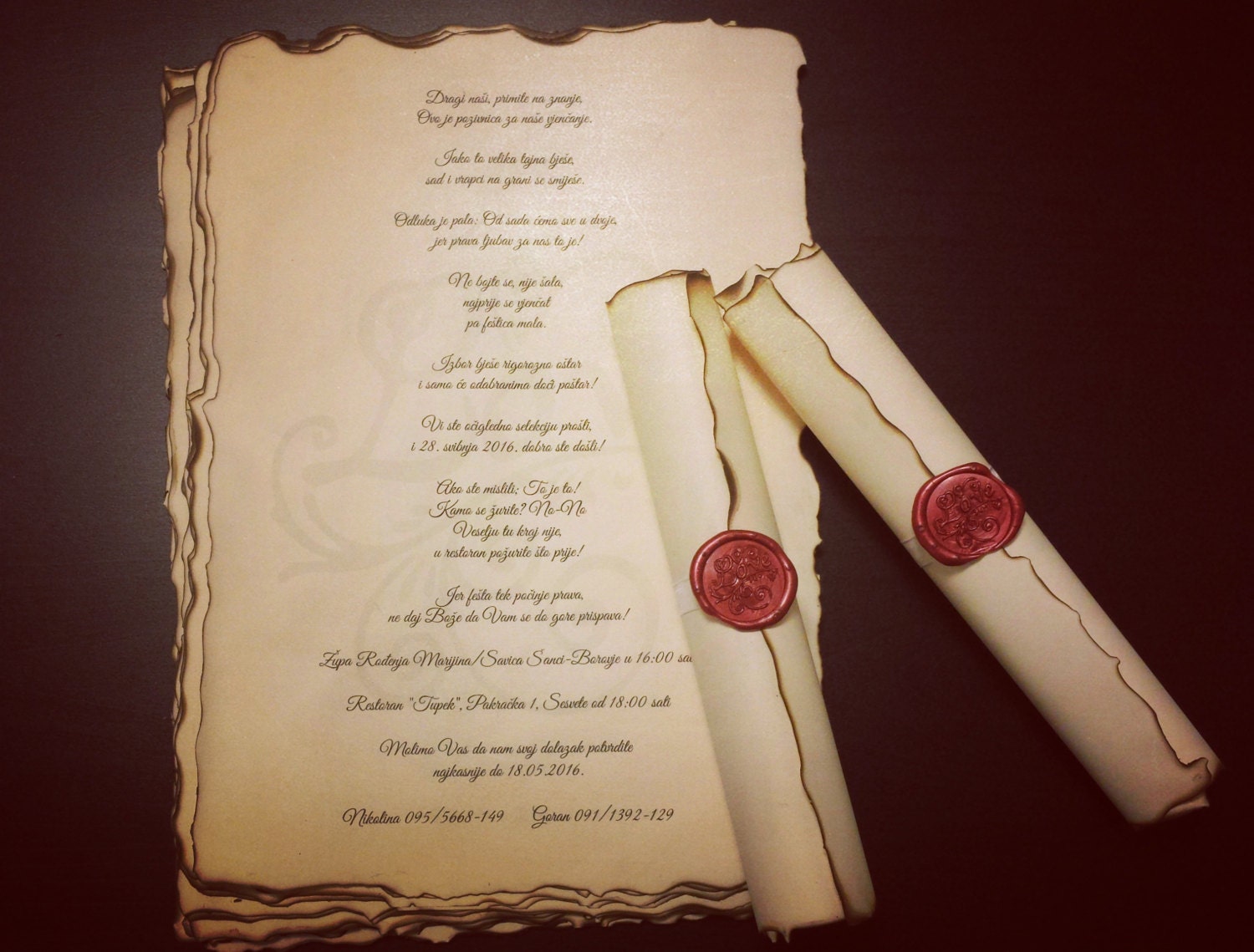 Vintage Wedding Scroll Invitation Handmade with Wax Seal