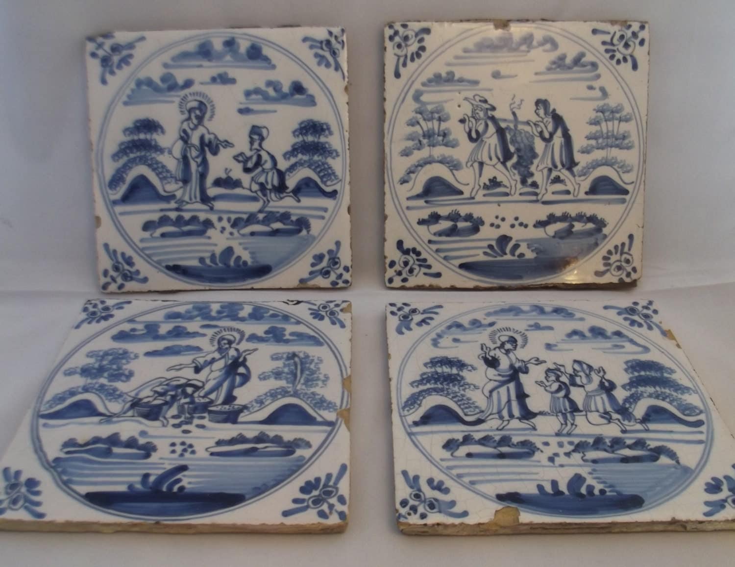 4 antique Dutch tiles with religious biblical scenes