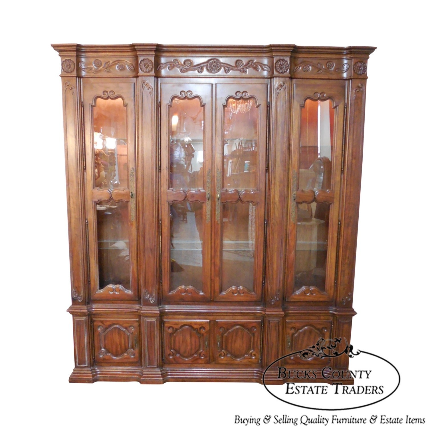 Heritage French Country Style Monumental Walnut Bookcase Display