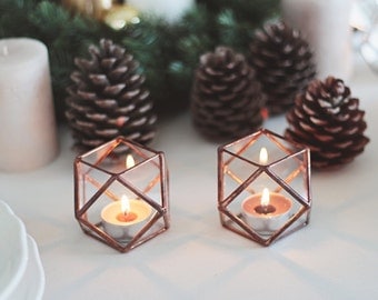 Glass Geometric Candle Holders, Wedding Table Decor, Mothers Day Gift, Copper Home Decor, Hurricanes, Stained Glass Candle Holder Set
