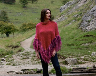 Hand Knitted Mohair Poncho in Magenta