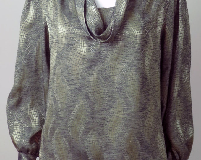 80s futuristic silver metallic silk jacquard cowl neck disco blouse top