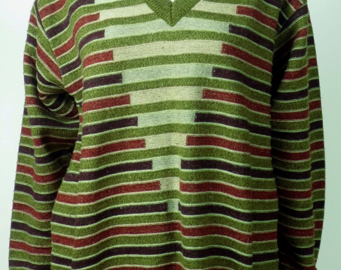 70s jacquard knit engineered striped geometric v-neck oversize gamine wool blend cosby sweater