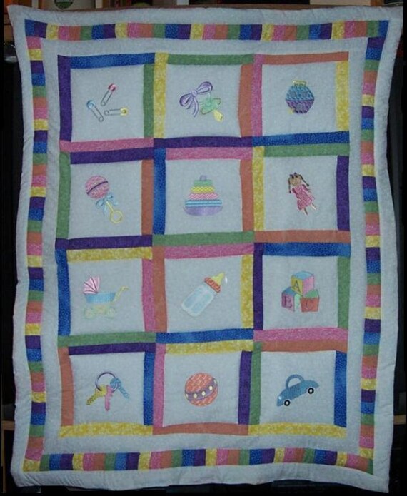 30 x 40 Baby Quilt with embroidered blocks. by QuiltBlocksByAutumn