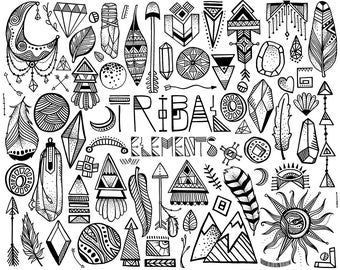 Tribal Clipart - 68 Hand Sketched Vector & PNG Tribal Design Elements Clip Art Set - Unique Boho Clipart, Tribal Decor, Tribal Art