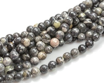 Black Gray Jasper- Faceted Round sizes. 4mm, 6mm, 8mm, 10mm, 12mm, 14mm- Full 15.5 Inch Strand