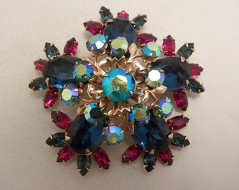 Large Vintage Beau Jewels Blue, AB & Red Glass Brooch