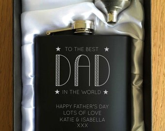 Personalised Engraved Black Hip Flask - Fathers Day Present - Gift Box - Dad, Daddy, Grandad