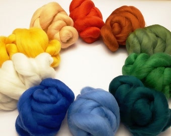 SET OF 10 Wool roving, Different colors 21 mic wool tops 8,82 oz, Merino wool color pack, Soft to skin, Pack for felting