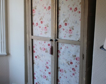 Original Vintage French Linen Cupboard with Fabric Doors and Original Paintwork