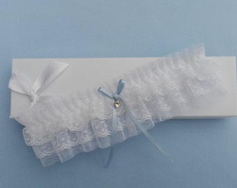 White something blue wedding garter, tulle garter, white garter, bridal garter, lingerie