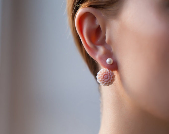 Mother of pearl earring - Flower earring - Gold earring - Pearl earring - Rose stone earring-Natural stone earring-Bridesmaid earring-Pretty
