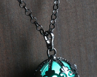 Teal Ornate Glowing Orb Pendant Necklace Locket Black, Romantic Gift for Her, glow Jewelry