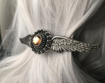Wing Steampunk Biker Hair Accessories Wing Silver Hair Clip or Wing Hair Clip - Amber Hair Clip - Angel Wings Jewelry - Angel Wing Hair Clip