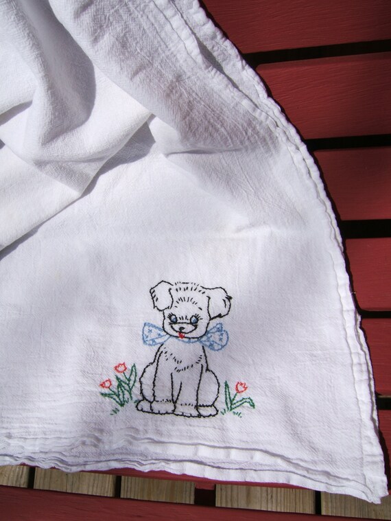 Vintage Embroidered Tea Towels with Dogs White Hand Towels
