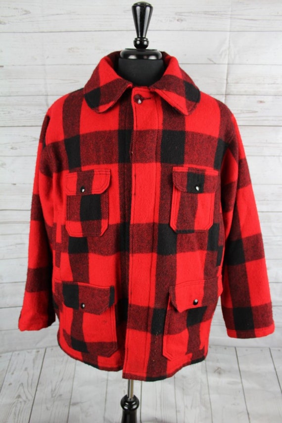 vtg Woolrich Red/Black Plaid Hunting Coat with back Pouch