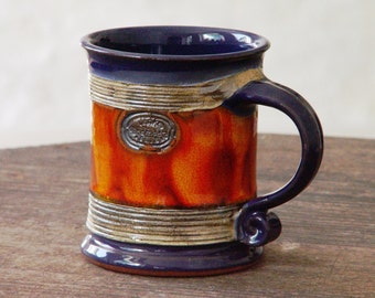 Ceramic Coffee Mug, Pottery Mug Wheel Thrown, Earthen mug, Blue and Orange Mug, Tea mug, Unique mug, Cute mug