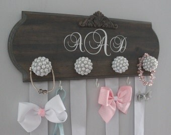 bow holder, monogram hair bow holder, bow organizer, girl nursery decor, girl baby shower gift, headband holder, silver, baby girl