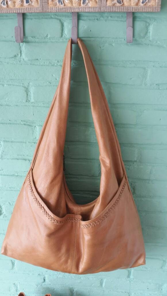 Large leather slouch bag tan leather shoulder bag boho