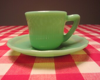 CLP - Jadite Green Glass Expresso Cup and Saucer decorated with Ribs - Made in England - 1950s