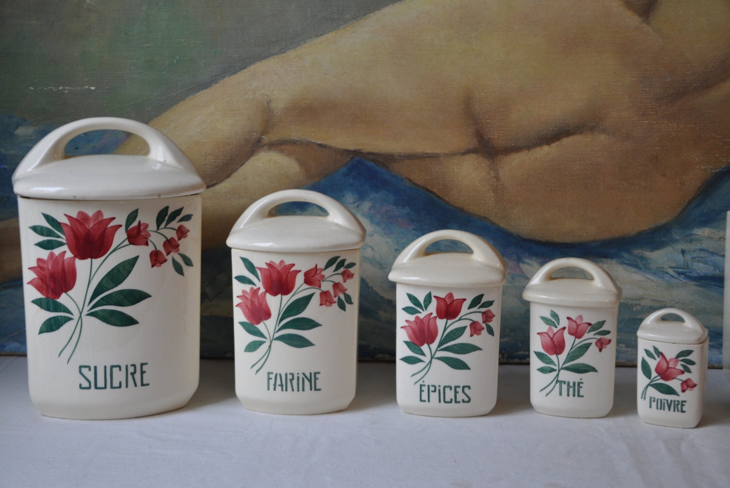 Set of 5 French Kitchen Canisters Vintage French Decor