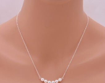 Pearl Row Necklace, Sterling Silver Necklace, Minimalist Long Layering Necklace, Bridesmaid Gift for Her, Gift for Mom