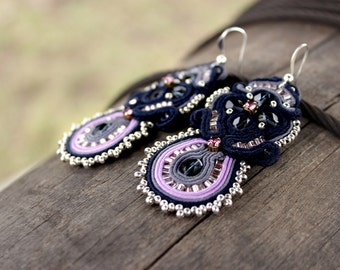 Best gift|for|her Navy blue earrings Soutache Dark blue dangle earrings Purple earrings Boho Embroidered jewelry Violet seed bead earrings