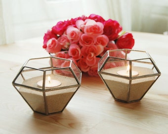 Small Glass Geometric Candle Holder, Wedding Candle, Wedding Decor, Wedding Lights, Wedding Gift, Modern Candle Holder, Tealight Holder, Two