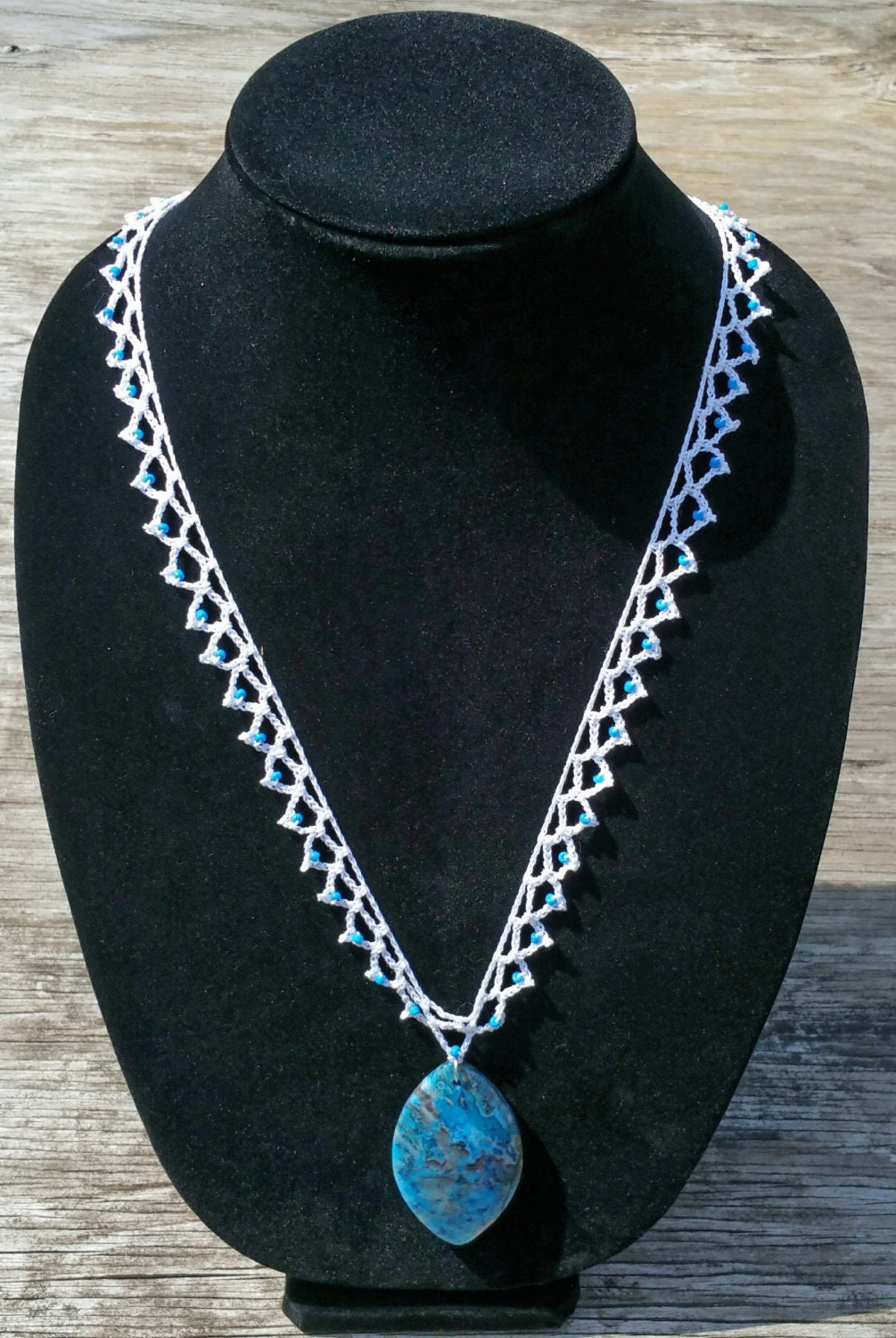 Blue Necklace Blue Pendant Necklace Blue and White Necklace