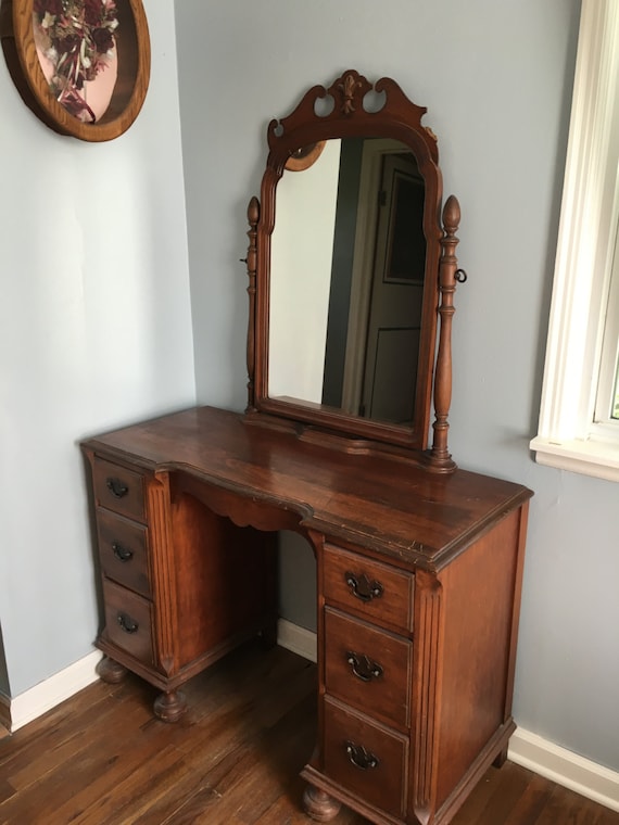 Antique Six Drawer Dressing Table / Vanity Tilt Mirror Ball