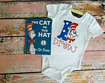 First (1st) Birthday Dr. Seuss inspired embroidered Onesie Bodysuit Shirt Cat in the Hat Royal Blue