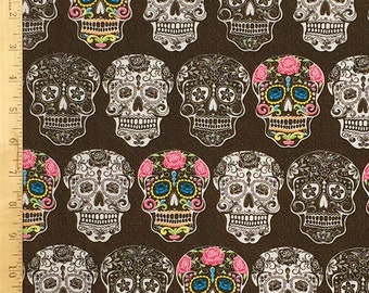 Sugar Skull Fabric, The Day of the Dead Fabric, Dia De Los Muertos Sugar Skulls Print Fabric, 100% Cotton Fabric by the Yard