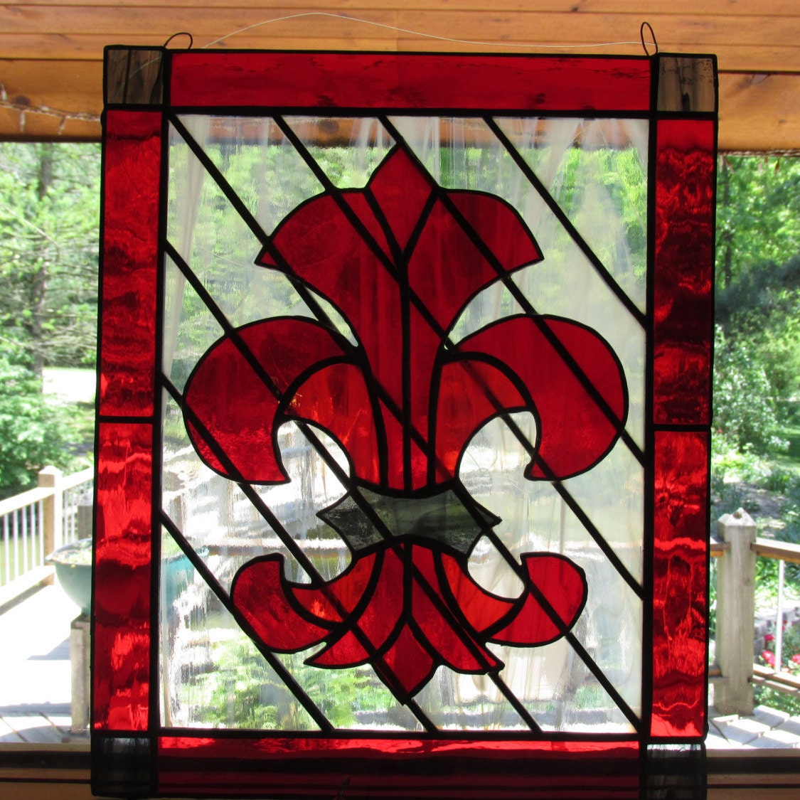 Stained Glass Red Fleur De Lis French Suncatcher Glass
