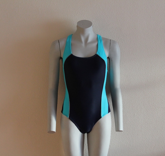 One Piece Swimsuit Navy Blue Racer Open Back Fitted Sport Pool