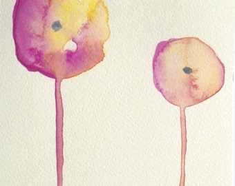 ORIGINAL watercolour painting, Purple Pansy, yellow flower painting, simple art, nursery decor, flower art, wall decor, bathroom decor
