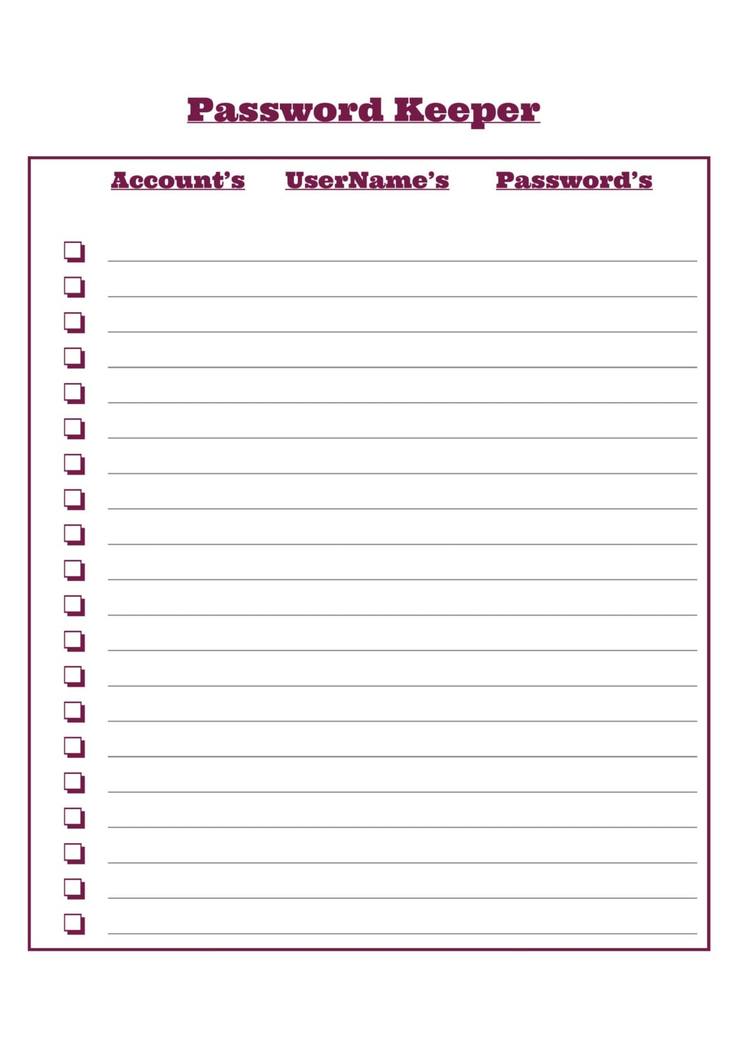 Password Keeper Printable PDF Fillable by JTPrintableProducts