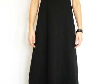 Black Cotton Jersey Minimalist A-Shaped Maxi Dress/Designer A-Shaped Turtleneck Long Dress