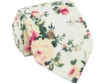 White Floral Necktie, Floral Tie, Mens Tie, Mens Skinny Tie, Floral Skinny Tie, Mens Floral tie