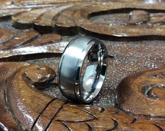 Free Engraving-Titanium Ring Brushed Center Shiny Beveled Edge 8mm
