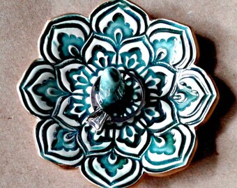 Ceramic Lotus Ring Holder Bowl gold edged Malachite Green 3 1/4 inches round ring holders