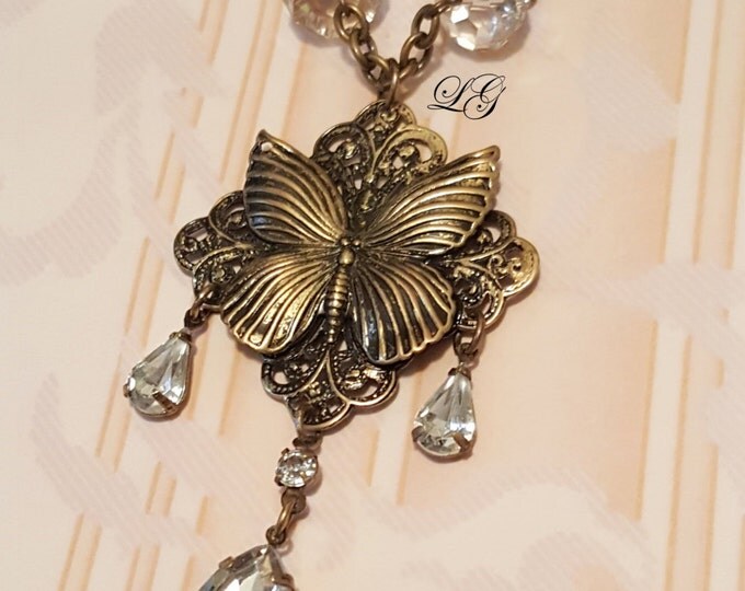 Vintage Butterfly Necklace, Rhinestone Drop Necklace, Vintage Gold Necklace, Romance Jewelry