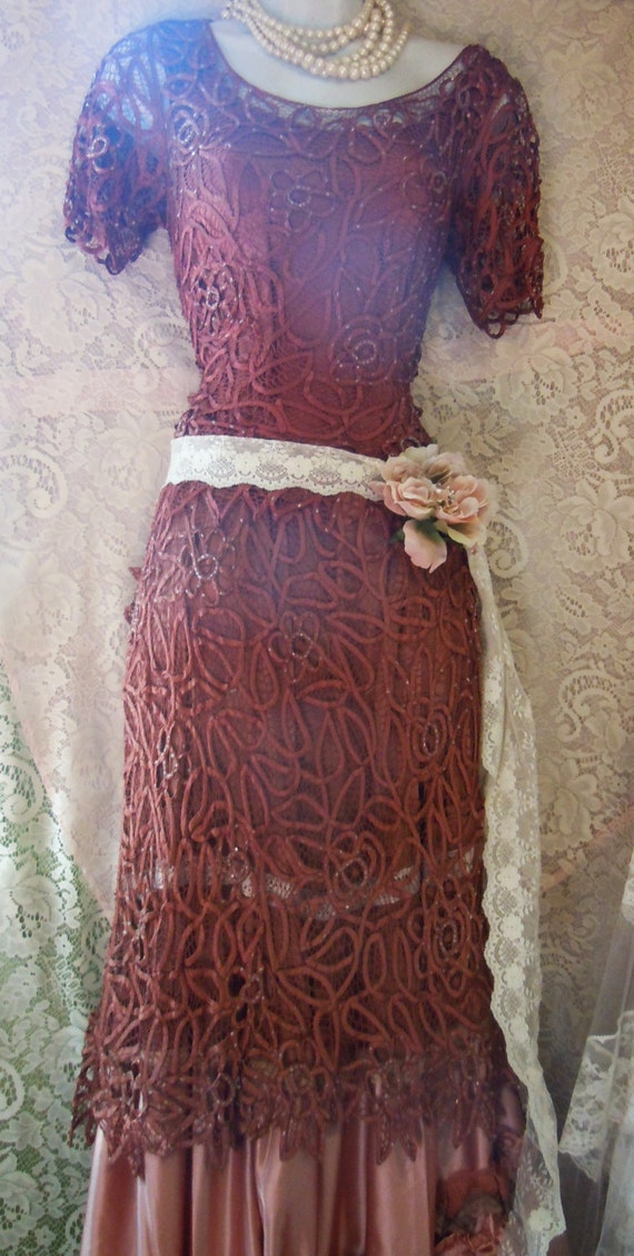  Rust  crochet dress  lace satin pink  vintage edwardian bohemian