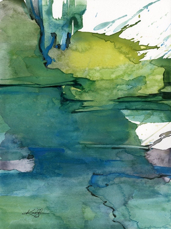 Abstract Green Blue Zen Watercolor Painting Serene Peaceful