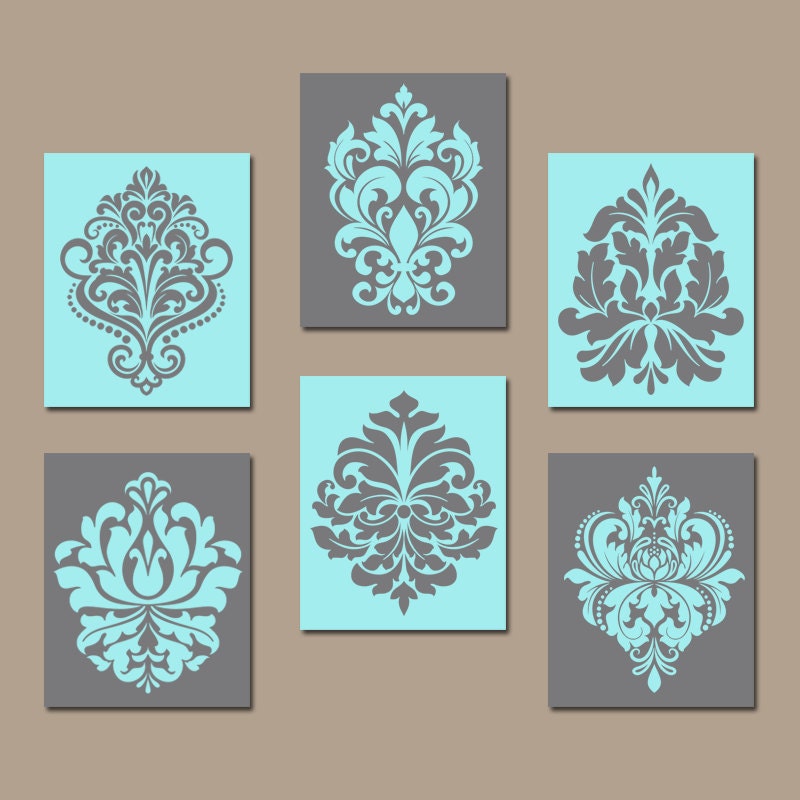 DAMASK Wall Art Canvas or Prints GRAY Brown Bedroom Pictures