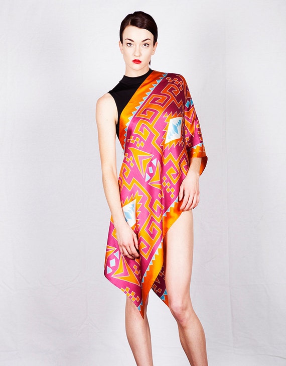 Batik Hand Painted Silk Scarf with Native American graphic motif in red orange and turquoise colors. Painted on Charmeuse Silk. Size 21"x72"